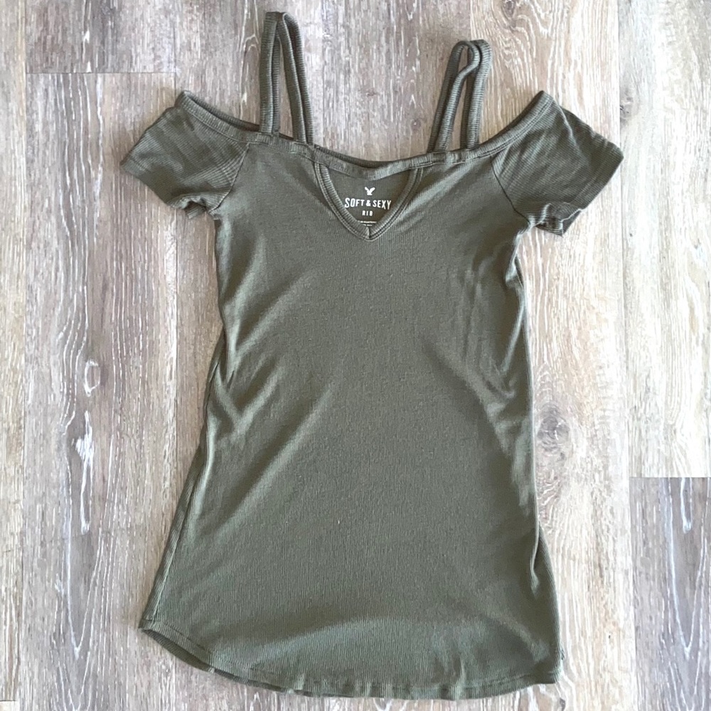 AE American Eagle Olive Green Cold Shoulder Top